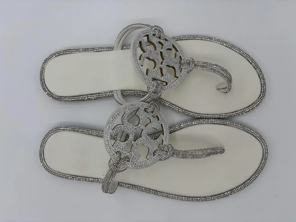 Tory Burch Women's White Rhinestone Logo Comfort Slip On Thong Sandals Size 10